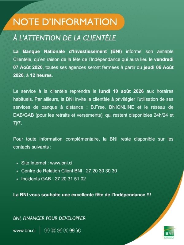 NOTE D'INFORMATION - F�TE DE L'IND�PENDANCE