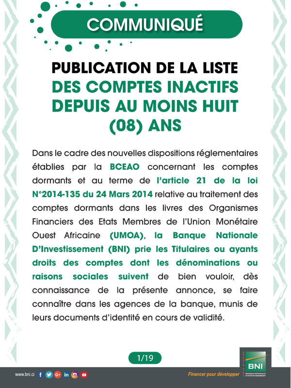 Liste des comptes inactifs personnes morales depuis au moins huit ans (08 ans)