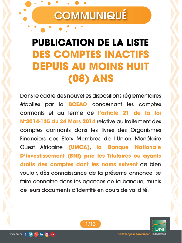 Liste des comptes inactifs personnes physiques depuis au moins huit ans (08 ans)